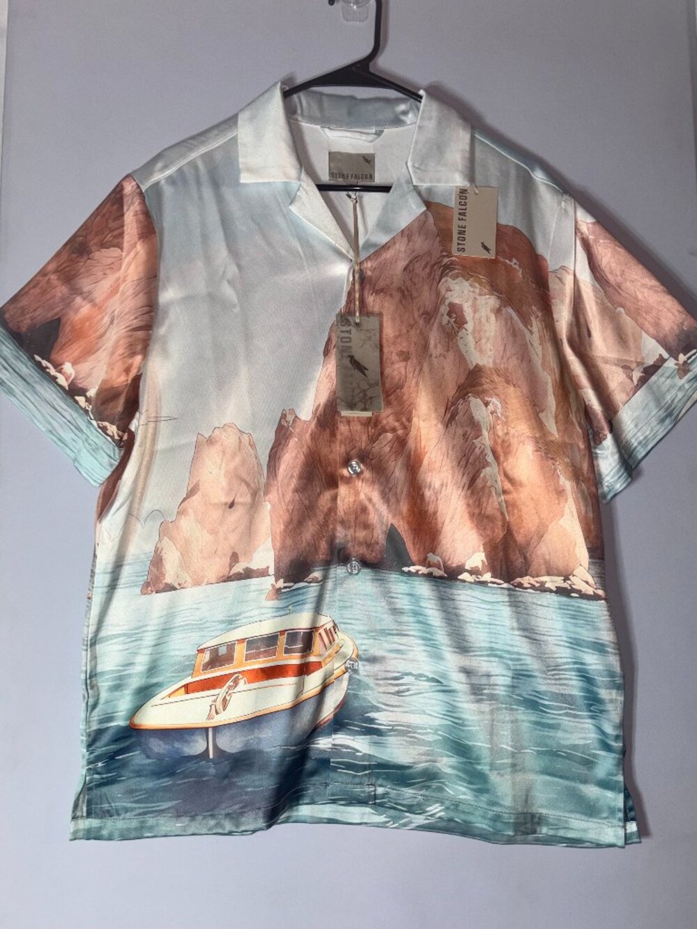 Blue Sky Inn Stone Falcon Canyon Print Satin Resort Shirt NWT Medium